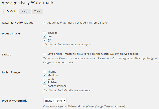 Réglages du plugin Easy Watermark