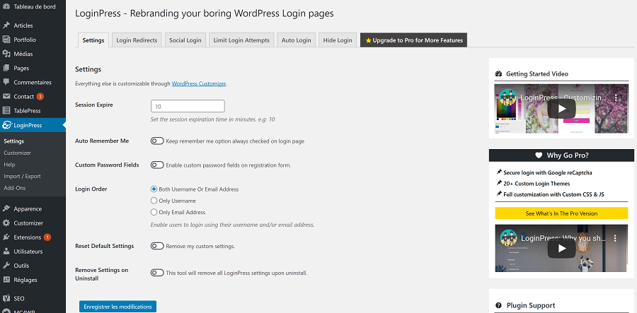 LoginPress : settings.