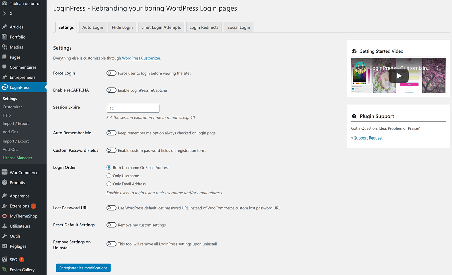 LoginPress : settings avec version premium.