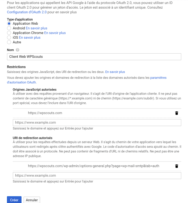 Page de création du ID Client OAuth sur Google API